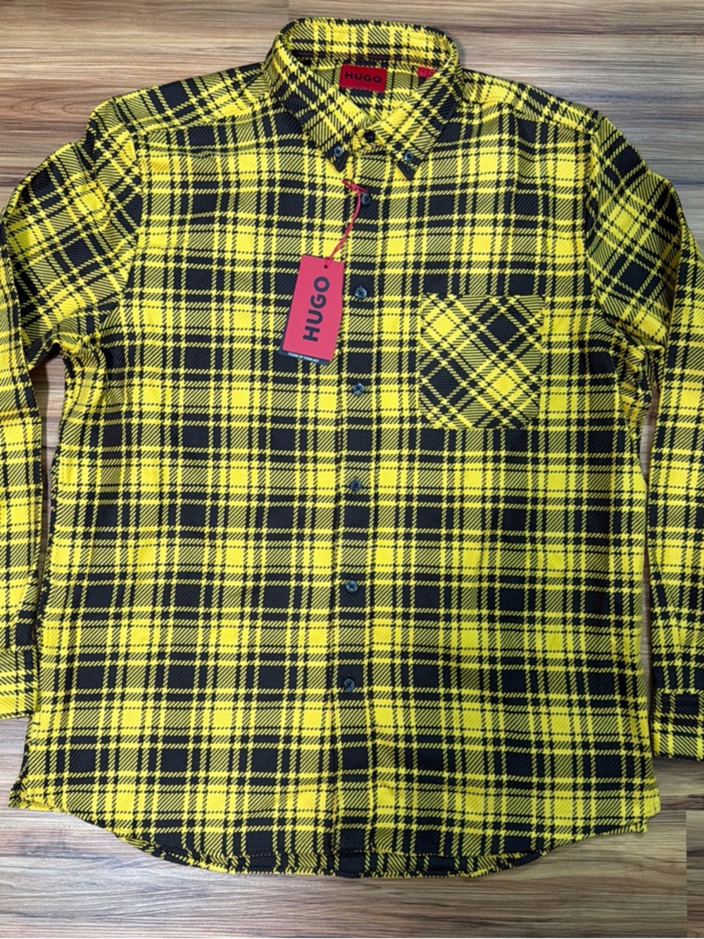 HUGO Yellow and Black Plaid Button-Up Shirt Jacket